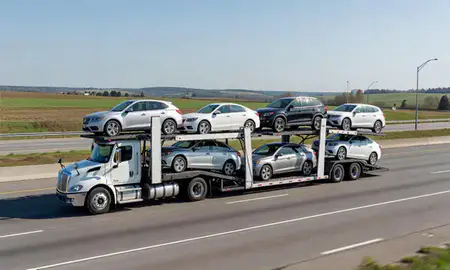 Multi-level car carrier on the highway to Bethlehem, Pennsylvania, United States