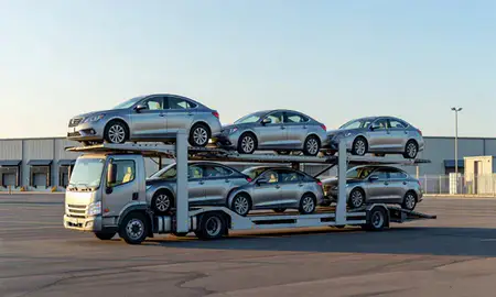 Car transporter loaded with vehicles in Bethlehem, Pennsylvania, United States