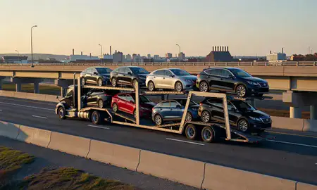 Car transporter with the Bethlehem, Pennsylvania, United States skyline behind it