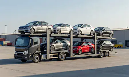 Car transporter loaded with vehicles in Chambersburg, Pennsylvania, United States