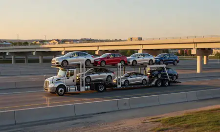 Car transporter with the Chambersburg, Pennsylvania, United States skyline behind it