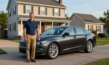Customer with their delivered car in Chester, Pennsylvania, United States