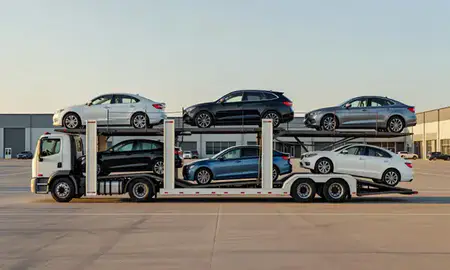 Car transporter parked in an industrial area of Chester, Pennsylvania, United States
