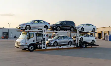 Car transporter loaded with vehicles in Chester, Pennsylvania, United States