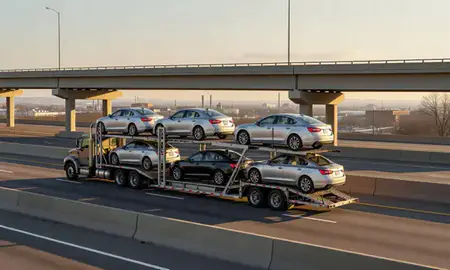 Car transporter with the Chester, Pennsylvania, United States skyline behind it