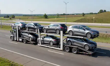 Multi-level car carrier on the highway to Drexel Hill, Pennsylvania, United States