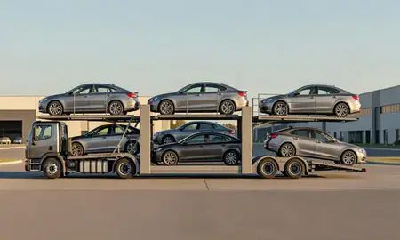 Car transporter parked in an industrial area of Drexel Hill, Pennsylvania, United States
