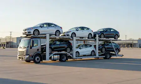 Car transporter loaded with vehicles in Drexel Hill, Pennsylvania, United States