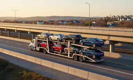 Car transporter with the Drexel Hill, Pennsylvania, United States skyline behind it