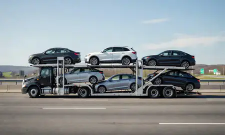 Multi-level car carrier on the highway to Easton, Pennsylvania, United States