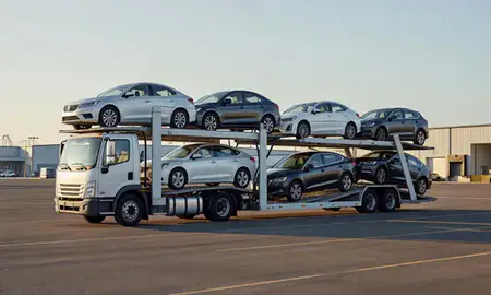 Car transporter loaded with vehicles in Easton, Pennsylvania, United States