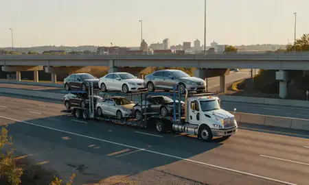 Car transporter with the Easton, Pennsylvania, United States skyline behind it