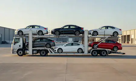 Car transporter parked in an industrial area of Erie, Pennsylvania, United States