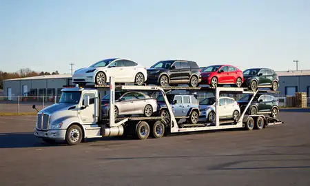 Car transporter loaded with vehicles in Erie, Pennsylvania, United States