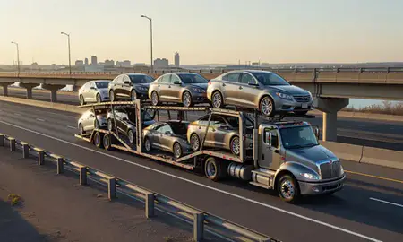 Car transporter with the Erie, Pennsylvania, United States skyline behind it