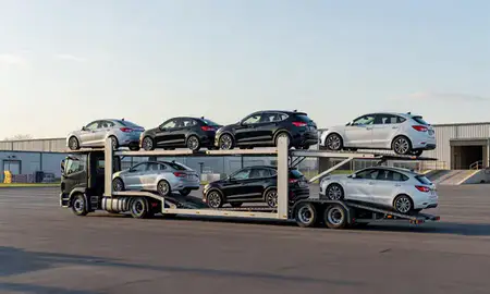 Car transporter loaded with vehicles in Harrisburg, Pennsylvania, United States