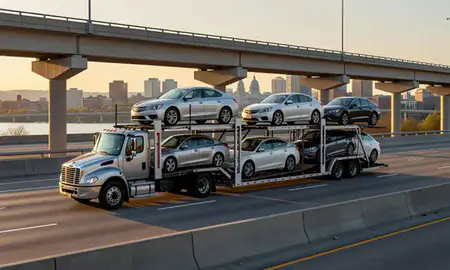 Car transporter with the Harrisburg, Pennsylvania, United States skyline behind it
