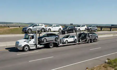Multi-level car carrier on the highway to Hazleton, Pennsylvania, United States