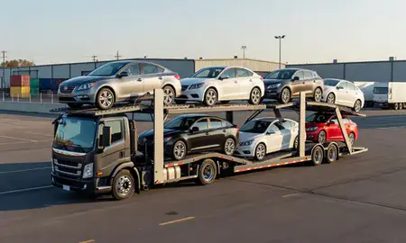 Car transporter loaded with vehicles in Hazleton, Pennsylvania, United States
