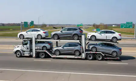 Multi-level car carrier on the highway to King of Prussia, Pennsylvania, United States