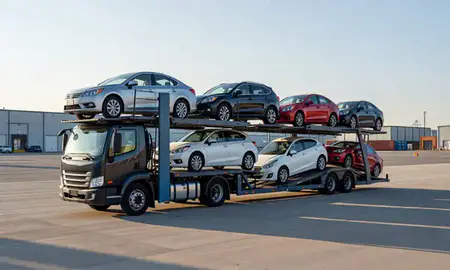 Car transporter loaded with vehicles in King of Prussia, Pennsylvania, United States