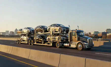 Car transporter with the King of Prussia, Pennsylvania, United States skyline behind it