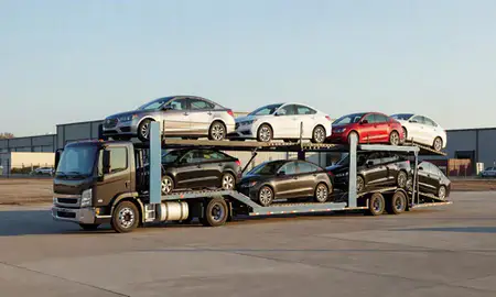 Car transporter loaded with vehicles in Lancaster, Pennsylvania, United States