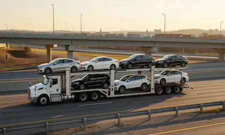 Car transporter with the Lancaster, Pennsylvania, United States skyline behind it