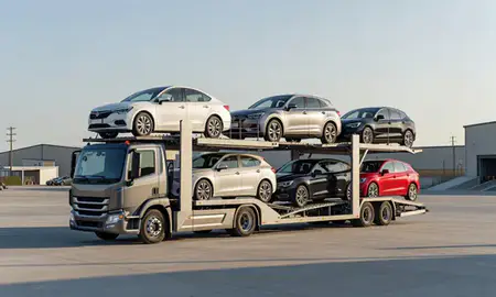 Car transporter loaded with vehicles in Lebanon, Pennsylvania, United States