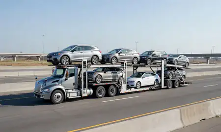 Multi-level car carrier on the highway to Levittown, Pennsylvania, United States
