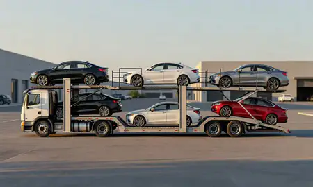 Car transporter parked in an industrial area of Levittown, Pennsylvania, United States