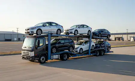 Car transporter loaded with vehicles in Levittown, Pennsylvania, United States