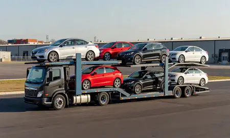 Car transporter loaded with vehicles in Monroeville, Pennsylvania, United States