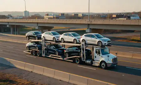 Car transporter with the Monroeville, Pennsylvania, United States skyline behind it