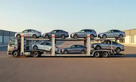 Car transporter parked in an industrial area of New Castle, Pennsylvania, United States