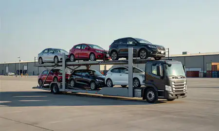 Car transporter loaded with vehicles in New Castle, Pennsylvania, United States