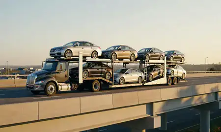 Car transporter with the New Castle, Pennsylvania, United States skyline behind it