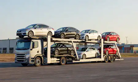 Car transporter loaded with vehicles in Norristown, Pennsylvania, United States