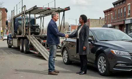 Vehicle owner beside their delivered car in Philadelphia, Pennsylvania, United States