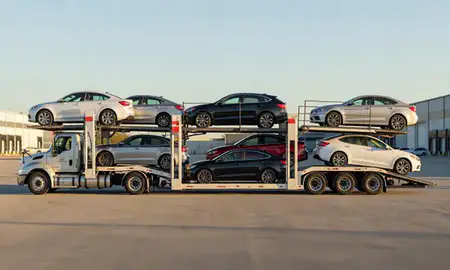 Car transporter parked in an industrial area of Philadelphia, Pennsylvania, United States