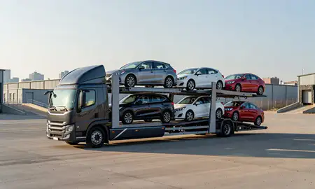 Car transporter loaded with vehicles in Philadelphia, Pennsylvania, United States