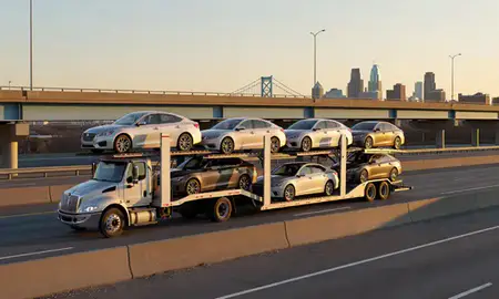 Car transporter with the Philadelphia, Pennsylvania, United States skyline behind it