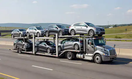 Multi-level car carrier on the highway to Pittsburgh, Pennsylvania, United States