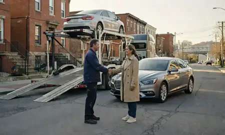 Vehicle owner beside their delivered car in Pittsburgh, Pennsylvania, United States