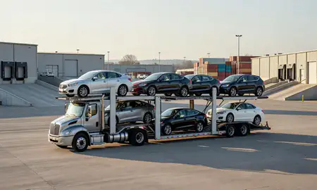 Car transporter loaded with vehicles in Pittsburgh, Pennsylvania, United States
