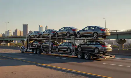 Car transporter with the Pittsburgh, Pennsylvania, United States skyline behind it