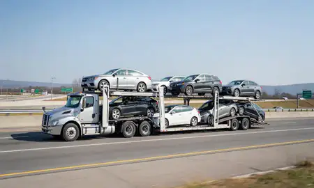 Multi-level car carrier on the highway to Plum, Pennsylvania, United States
