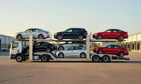 Car transporter parked in an industrial area of Plum, Pennsylvania, United States