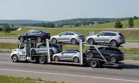 Multi-level car carrier on the highway to Pottstown, Pennsylvania, United States