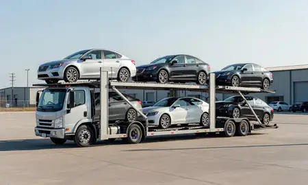 Car transporter loaded with vehicles in Pottstown, Pennsylvania, United States